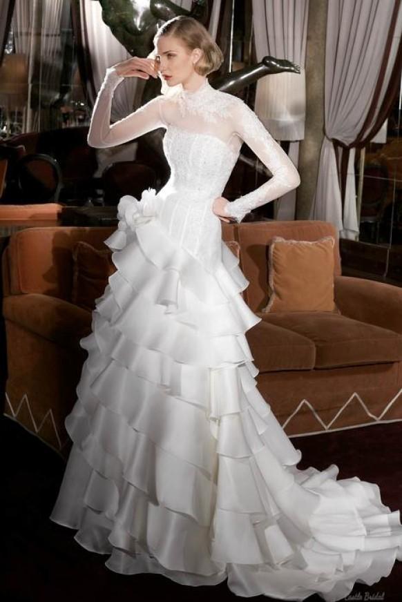 High Neck Long Sleeves Lace And Tiered Organza Wedding