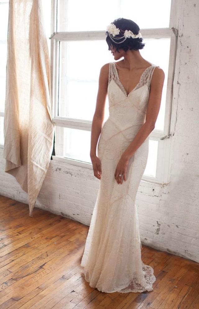 Beaded Lace Art Deco 1930s Inspired Sleeveless Bridal Gown With