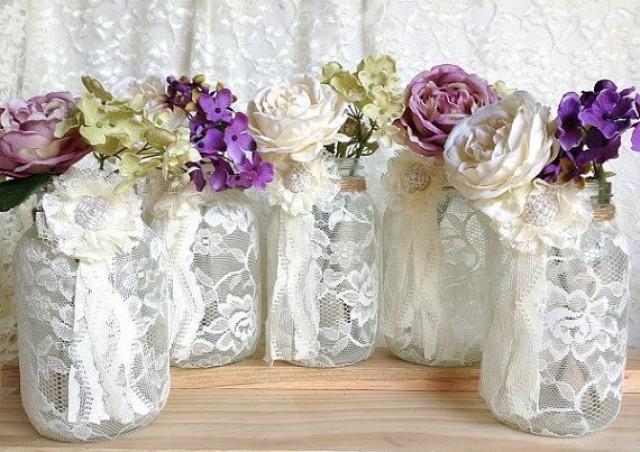 5 Ivory Lace Covered Jar Perfect For Wedding Decorations Bridal