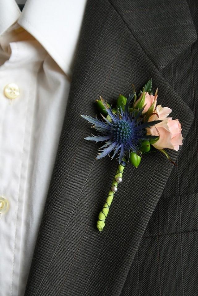 Boutonnieres - Blue Thistle And Spray Roses #2059506 - Weddbook