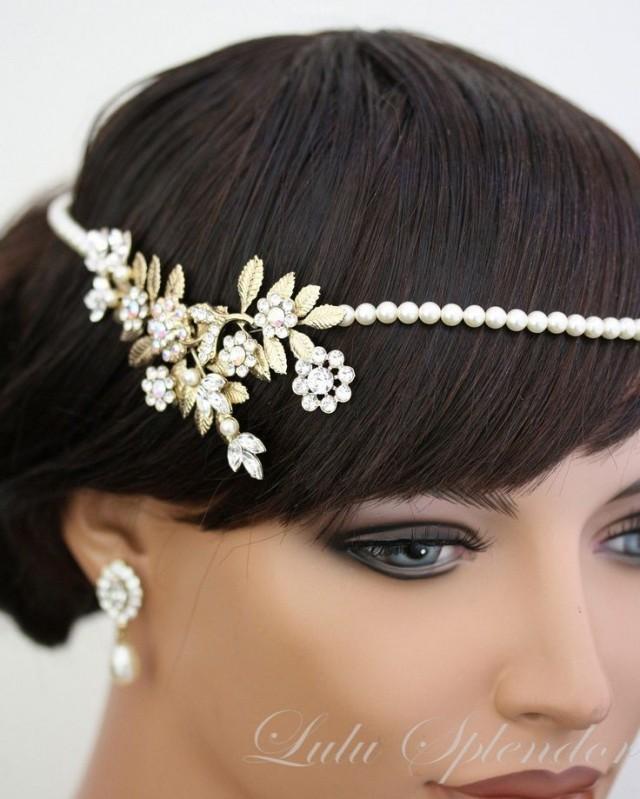 Art Deco Bridal Headpiece Gold Bridal Halo Leaves Pearl Headband Forehead Band Ivy Head