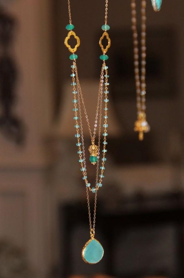 Long Multi Layer Necklace, Wire Wrapped Apatite W Pantone Emerald Green
