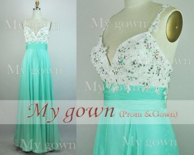 2014 Mint Lace Prom Dress,Straps Lace Beading Chiffon Prom Dress