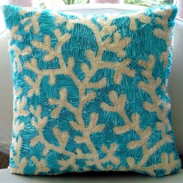 Aqua Ornate Throw Pillow Covers 16x16 Inches Silk Pillow Cover With