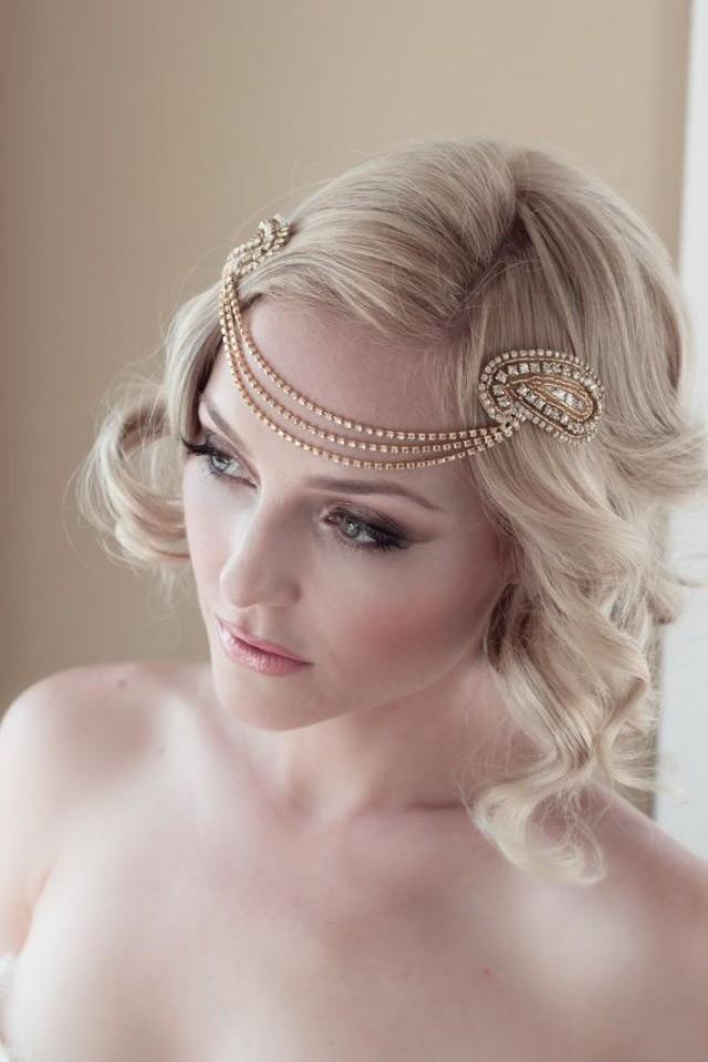 Art Deco Bridal Headpiece With Vintage Gold Rhinestone Halo Seed Bead Leaf Headdress Bridal