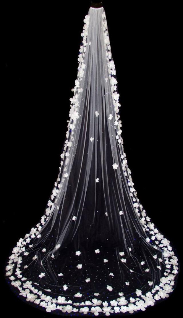 Bridal Veil With Silk Organza Flowers, Scattered Crystal Cathedral