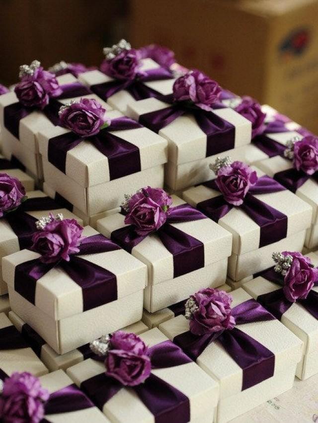 White Wedding Favor Candy Box With Purple Ribbon And Purple Silver