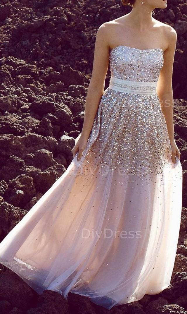 A Line Strapless Gold Sequins Lace Champagne Tulle Floor Lenth Prom