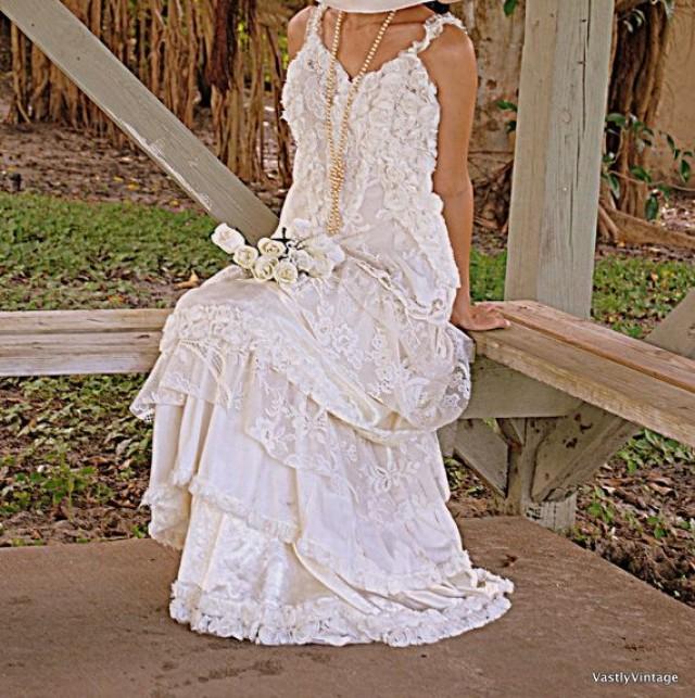 Romantic Bohemian Lace Ruffled Dress Reclaimed Ivory White