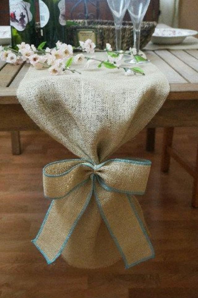 Burlap Table Runner, Plain With Burlap Bow, Colored Thread, Rustic