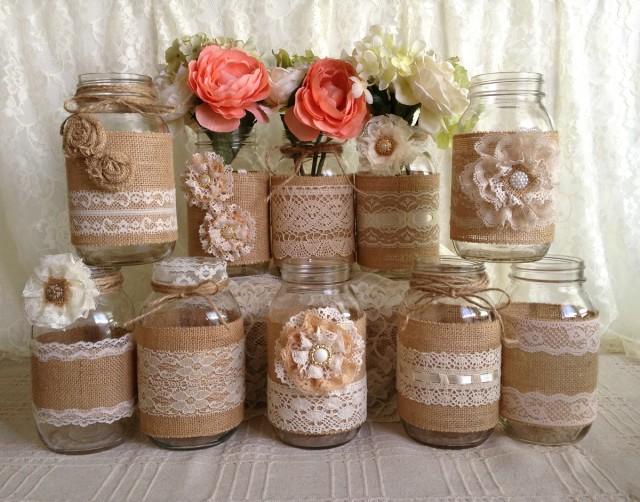 Rustic Burlap And Lace Covered Mason Jar Vases 2156921 Weddbook