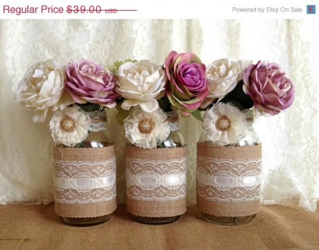 3 Day Sale Rustic Burlap And Lace Covered 3 Mason Jar Vases