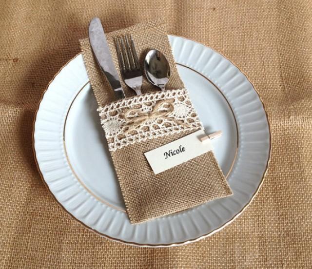 10 Burlap And Lace Rustic Silverware Holder, Wedding, Bridal Shower