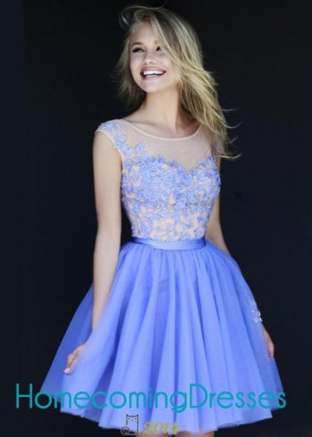 2014 Periwinkle Short Sheer Neck Floral Embroidery Party Dress 2168458