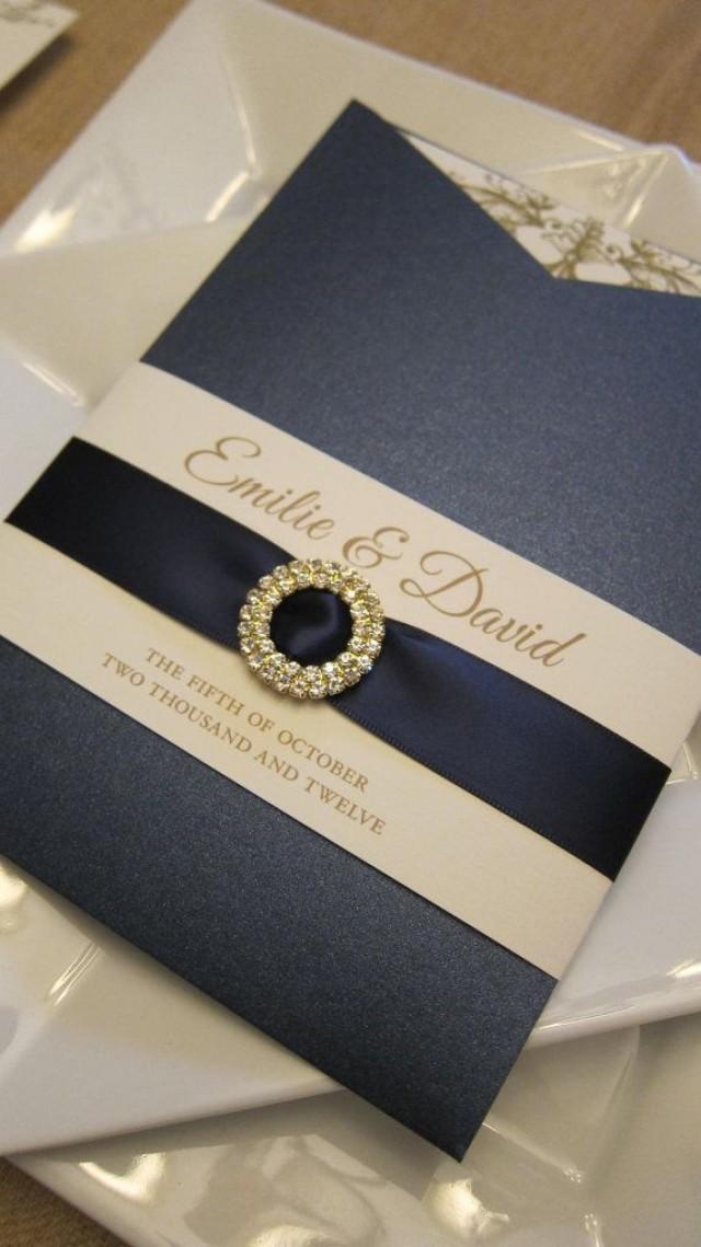 Pocket Sleeve Navy And Gold Invitations With Satin Ribbon Sash And