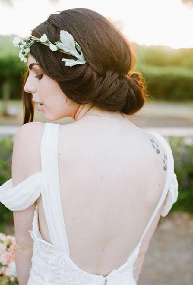 Updo Hair Model Low Wedding Updo With Flower Crown 2181052 Weddbook