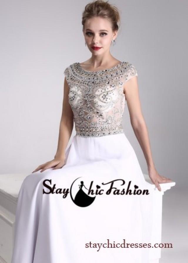 Rhinestone Beaded Sheer Top White Long Scoop Neck Low Back Evening