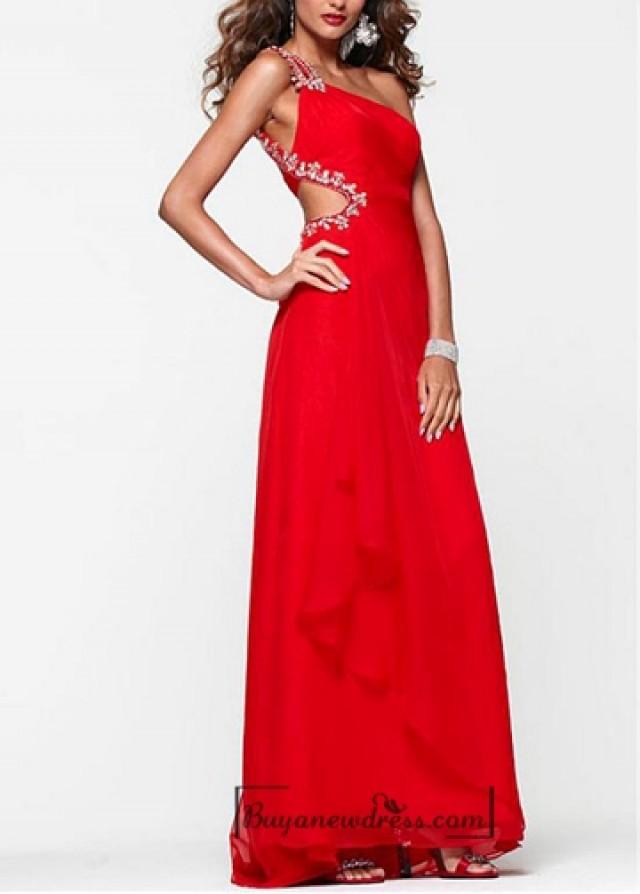 Beautiful Silklike Chiffon Aline Beaded Single Strap Long Prom Dress