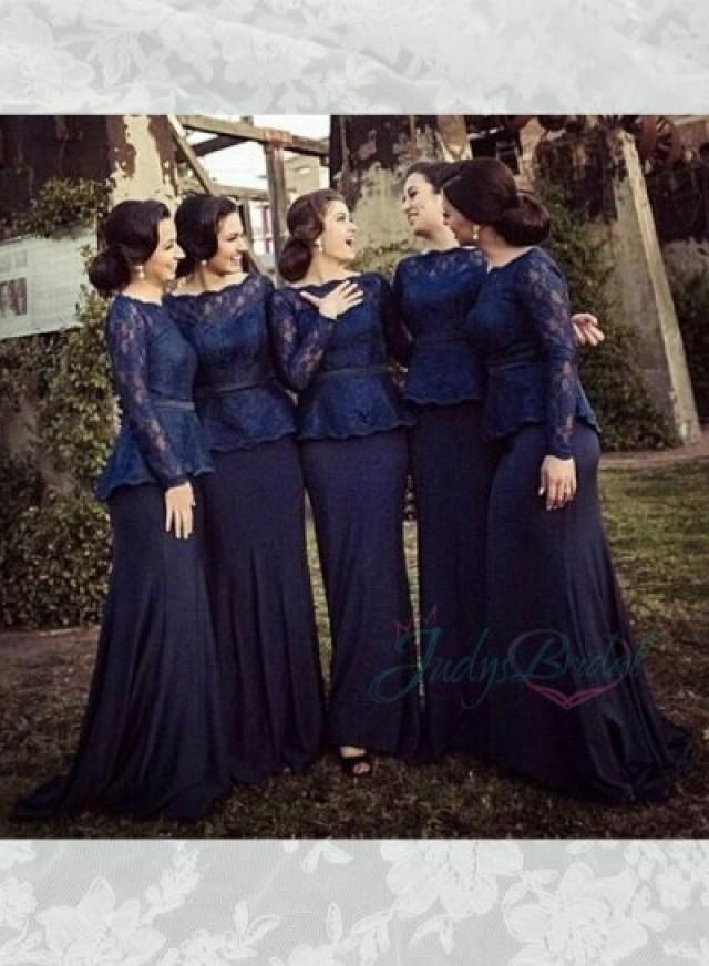 LJ14141 Navy Blue Lace Long Sleeved Chiffon Mother Of Bride Bridesmaid