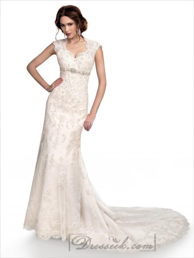 Cap Sleeves Sweetheart Scalloped Neckline Beaded Lace Wedding Dresses With High Keyhole Back