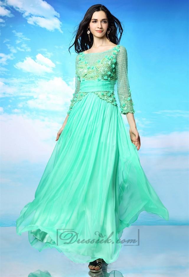ThreeQuarter Illusion Sleeves Bateau Neckline Long Prom Dresses