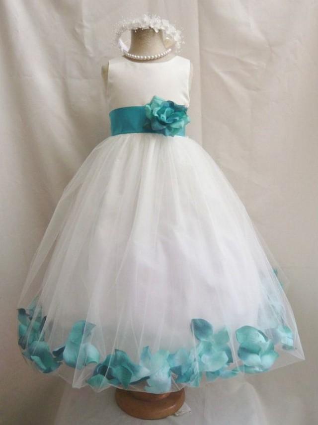 Flower Girl Dresses IVORY With Teal Rose Petal Dress (FD0PT