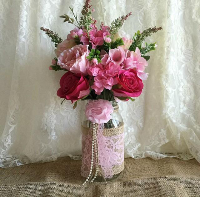 Pink Burlap And Lace Covered Mason Jar Vases Wedding Decoration