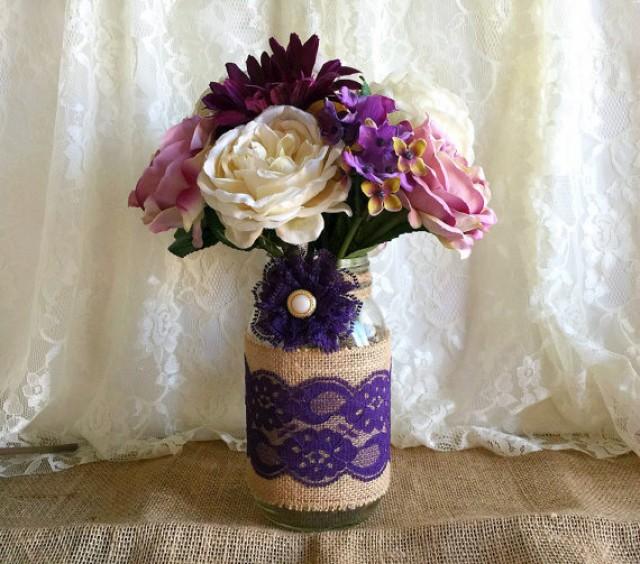 Purple Burlap And Lace Covered Mason Jar Vase Wedding Decoration