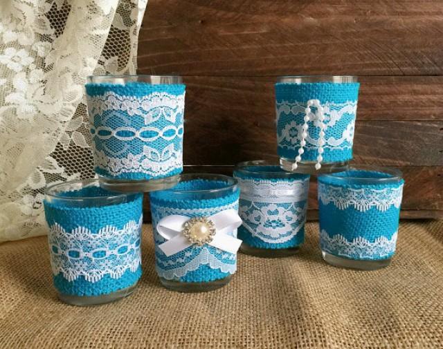 6 Turquoise Burlap And White Lace Covered Votive Tea Candles, Wedding