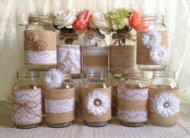 10x Rustic Burlap And White Lace Covered Mason Jar Vases Wedding