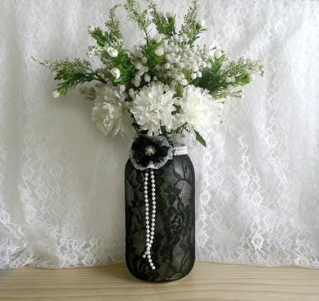 Black Lace Covered Half Gallson Ball Mason Jar Vase Wedding
