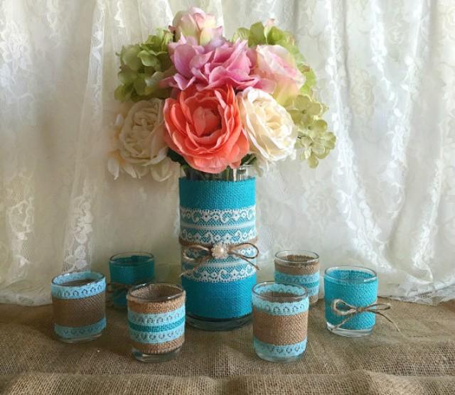 Tiffany Blue Burlap And Lace Covered Votive Tea Candles And Vase
