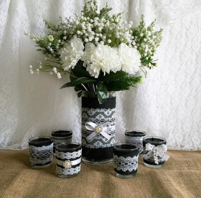 Black Burlap And White Lace Covered Votive Tea Candles And Vase