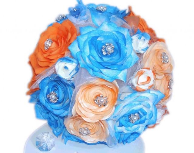 Blue And Orange Bridal Bouquet, Artificial Wedding Bouquet, Paper