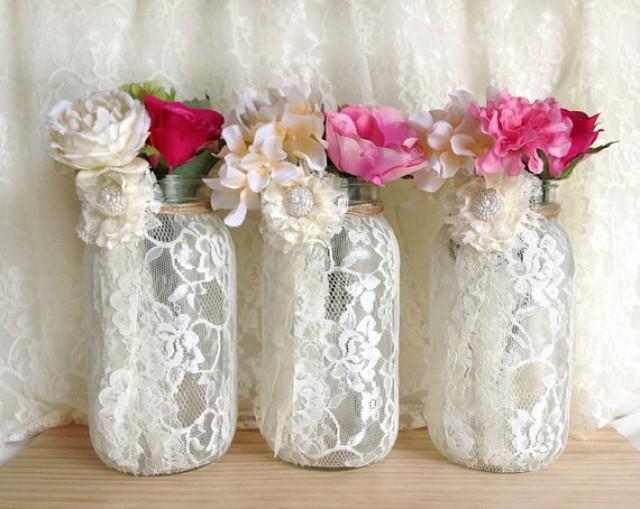 3 Ivory Lace Covered Ball Mason Jar Half Gallon Vases Wedding