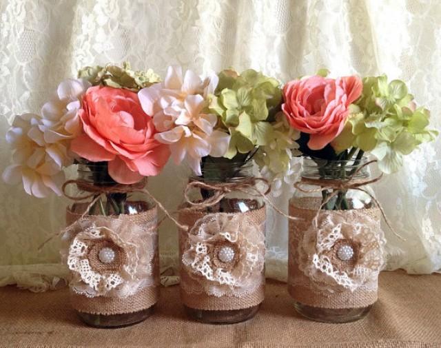 3 Rustic Burlap And Lace Covered Mason Jar Vases, Wedding, Bridal