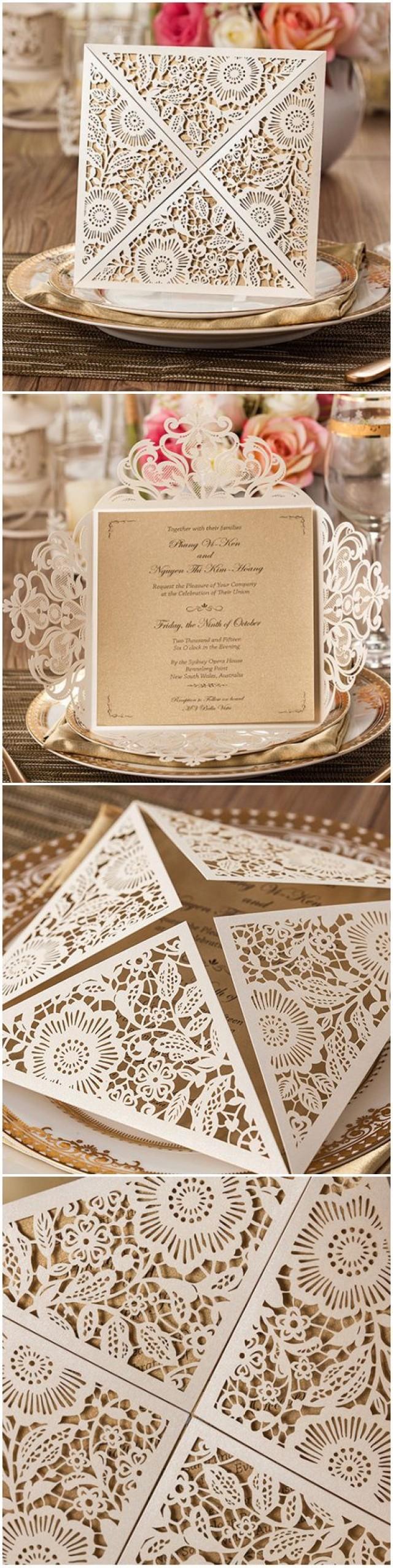 Affordable Pearl White Floral Laser Cut Wedding Invitations EWWS017