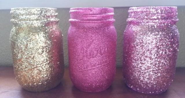 glittered mason jars pink glitter gold glitter wedding mason jar
