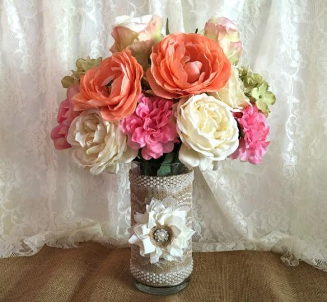 Burlap And Lace Covered Glass Vase, Wedding Decoration, Bridal Shower