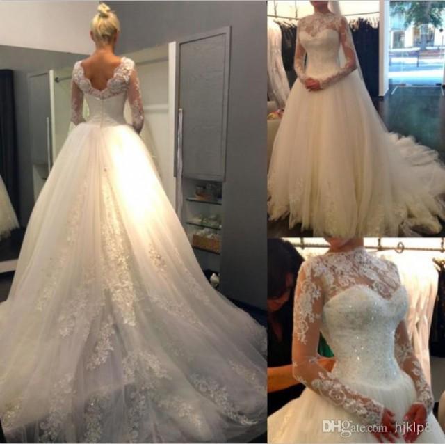 2014 High Neck Lace Long Sleeves Beaded Ball Gown Elegant Princess Wedding Dress Applique Backless Court Train Tulle Wedding Gowns Dresses 129 01 2213678 Weddbook