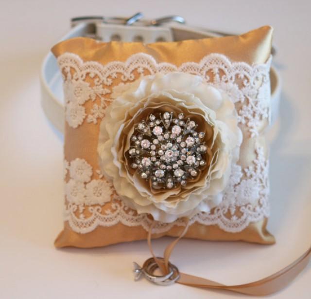 Ivory And Gold Wedding Ring Pillow, Dog Ring Bearer Pillow, Gold