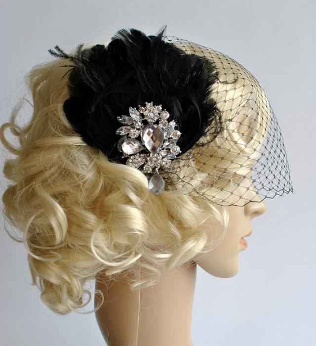 Fascinator And Black Bandeau Veil, Birdcage Veil, Wedding Veil, Bridal