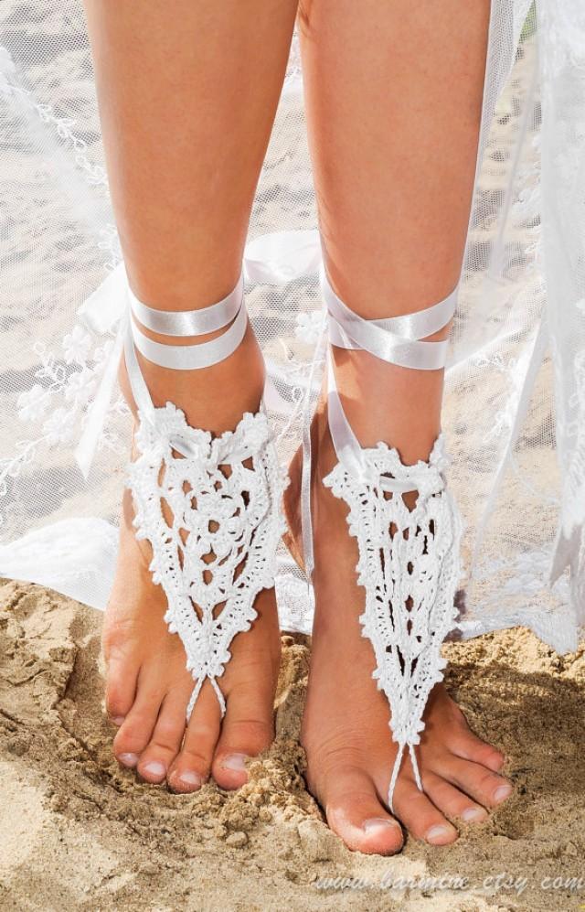 Beach Wedding Crochet Barefoot Sandals In White With Satin Ribbon