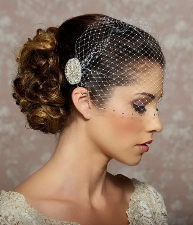 Wedding Veil With Rhinestone Edge, Bandeau Birdcage Veil, Rhinestone