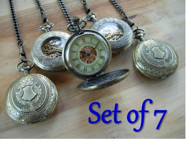Set Of 7 Gold Pocket Watches Engravable Personalized Groomsmen Gift