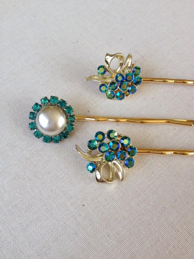 Vintage Rhinestone Bobby Pins Teal Repurposed Vintage Jewelry
