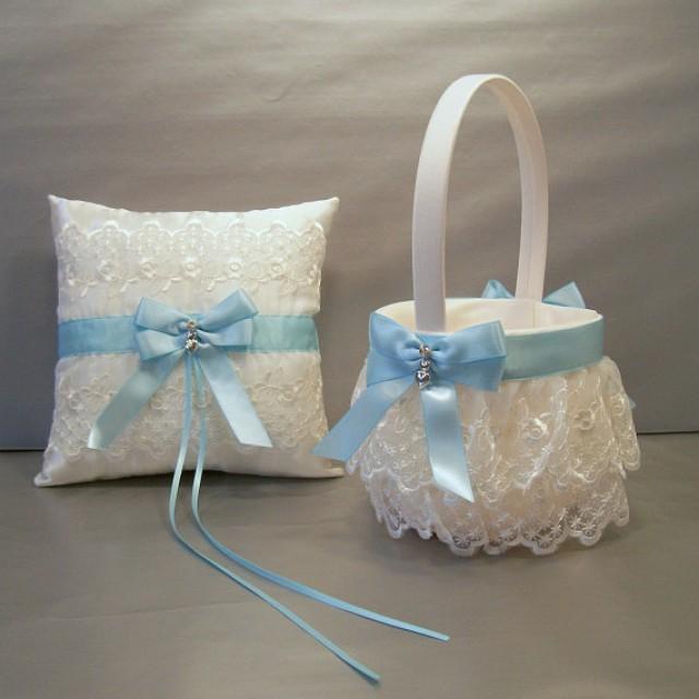 Light Blue Wedding Bridal Flower Girl Basket And Ring Bearer Pillow Set