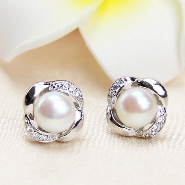 Bridal Pearl Earrings,9mm Ivory White Freshwater Pearl Stud Earring