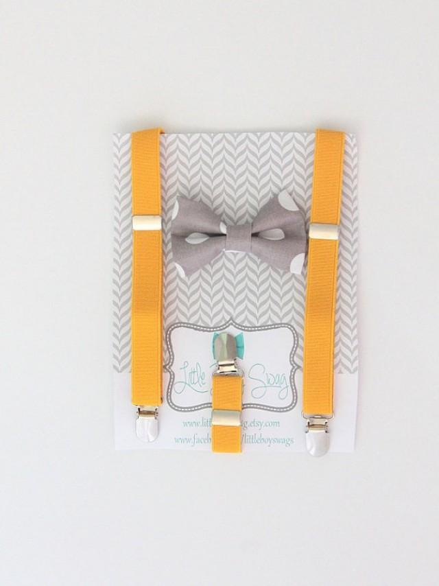 Grey Polka Dot Bow Tie With Yellow Suspenders..Kids Clothing..Kids Bow