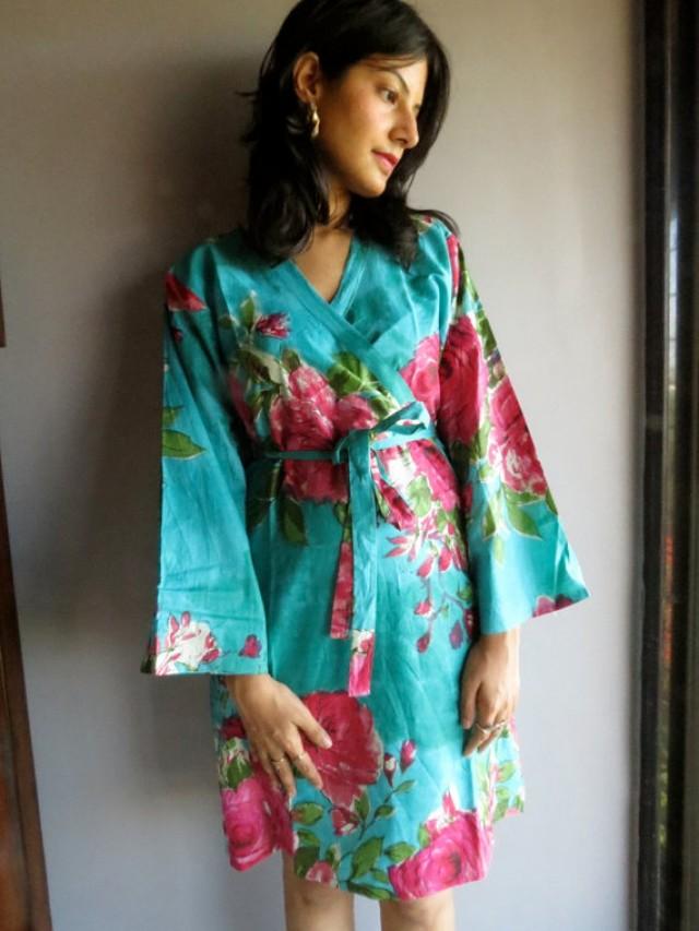 E7 Teal Fuchsia Big Floral Kimono Crossover Kneelength Getting Ready